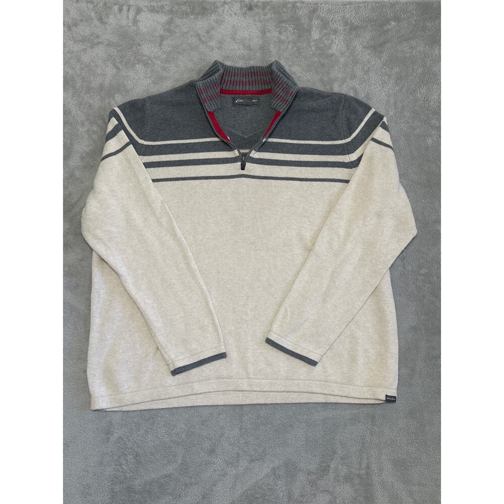 VTG Eddie Bauer Cream Grey 1/4 Zip Mock Neck Stripe Sweater T3XL Classic Preppy